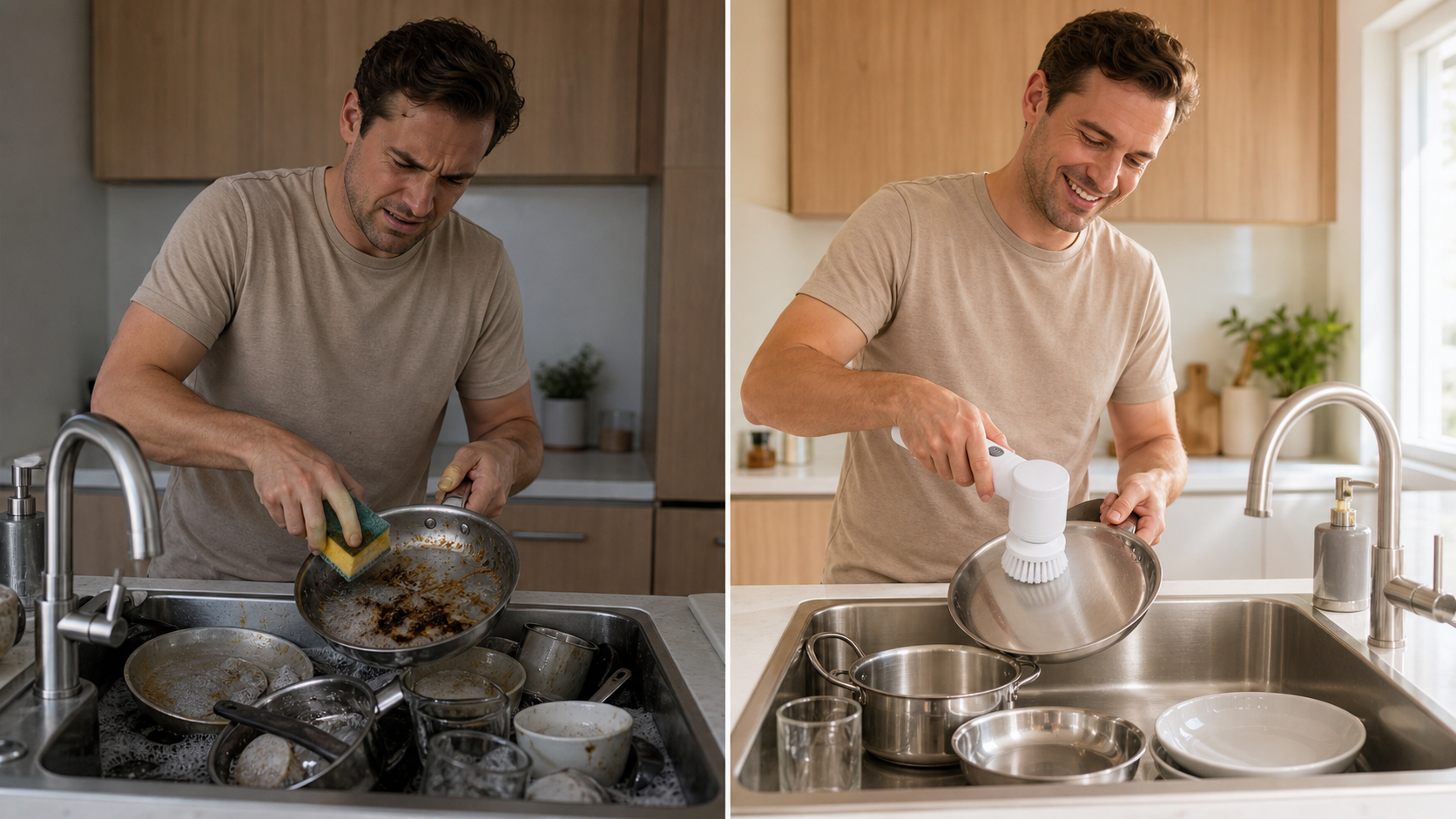 A frustrated man using a worn sponge on greasy dishes that remain dirty