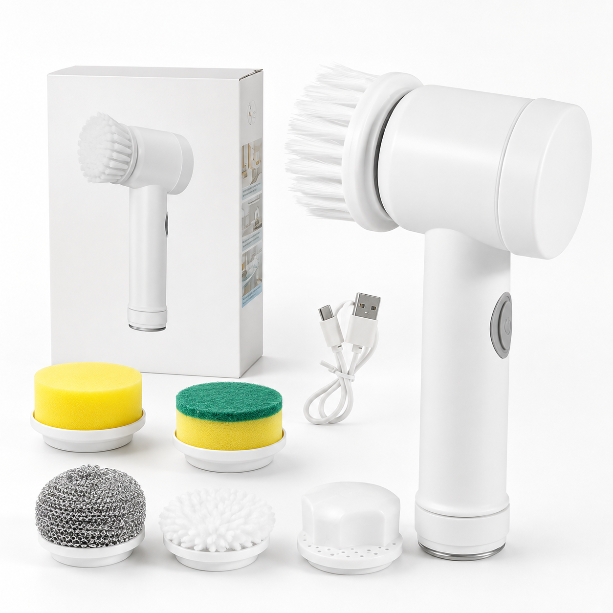 Pro Wash One powered scrubber complete set with five cleaning heads and charging cable
